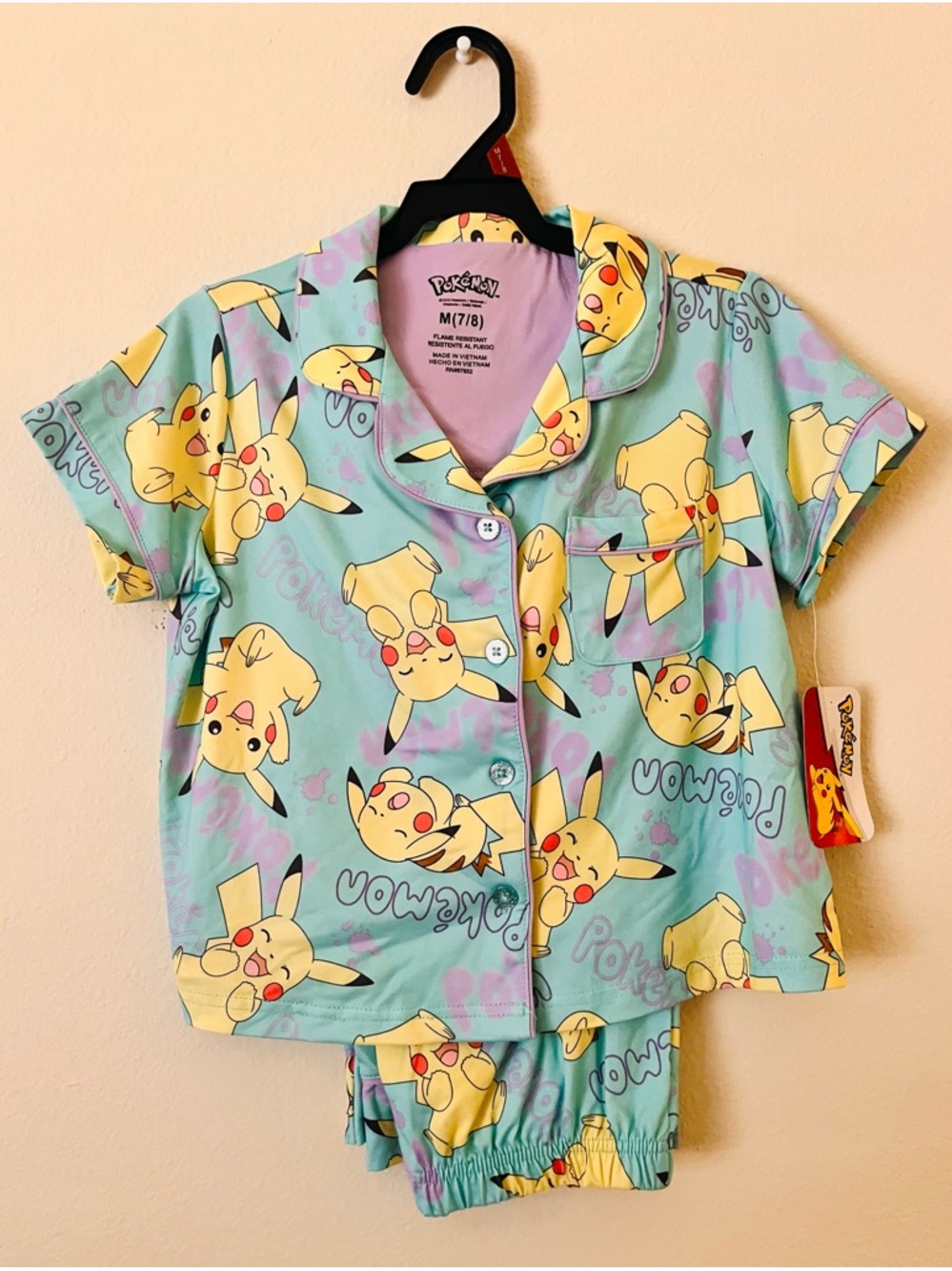 Kids Pokémon Pikachu Pajama Pants/Top Set Sz M(7-8) Mint Glitter Buttons